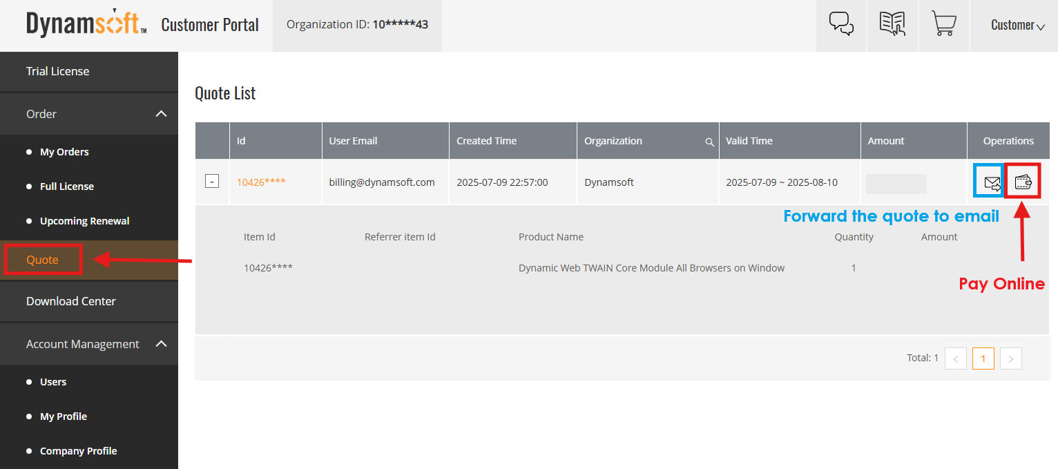 Pay Quote in Customer Portal