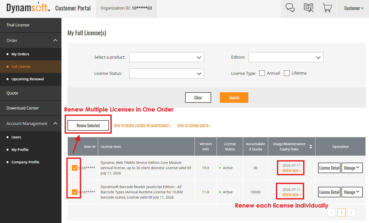 Renew Multiple or Single License