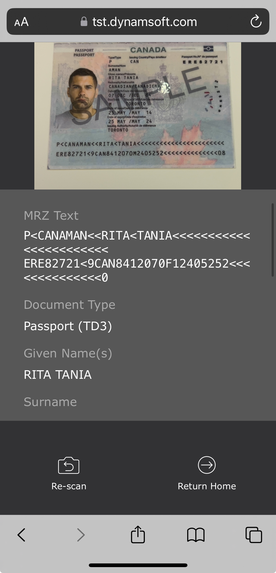 MRZResultView Screenshot