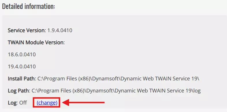 DWT Service page — click (change) to enable verbose logging